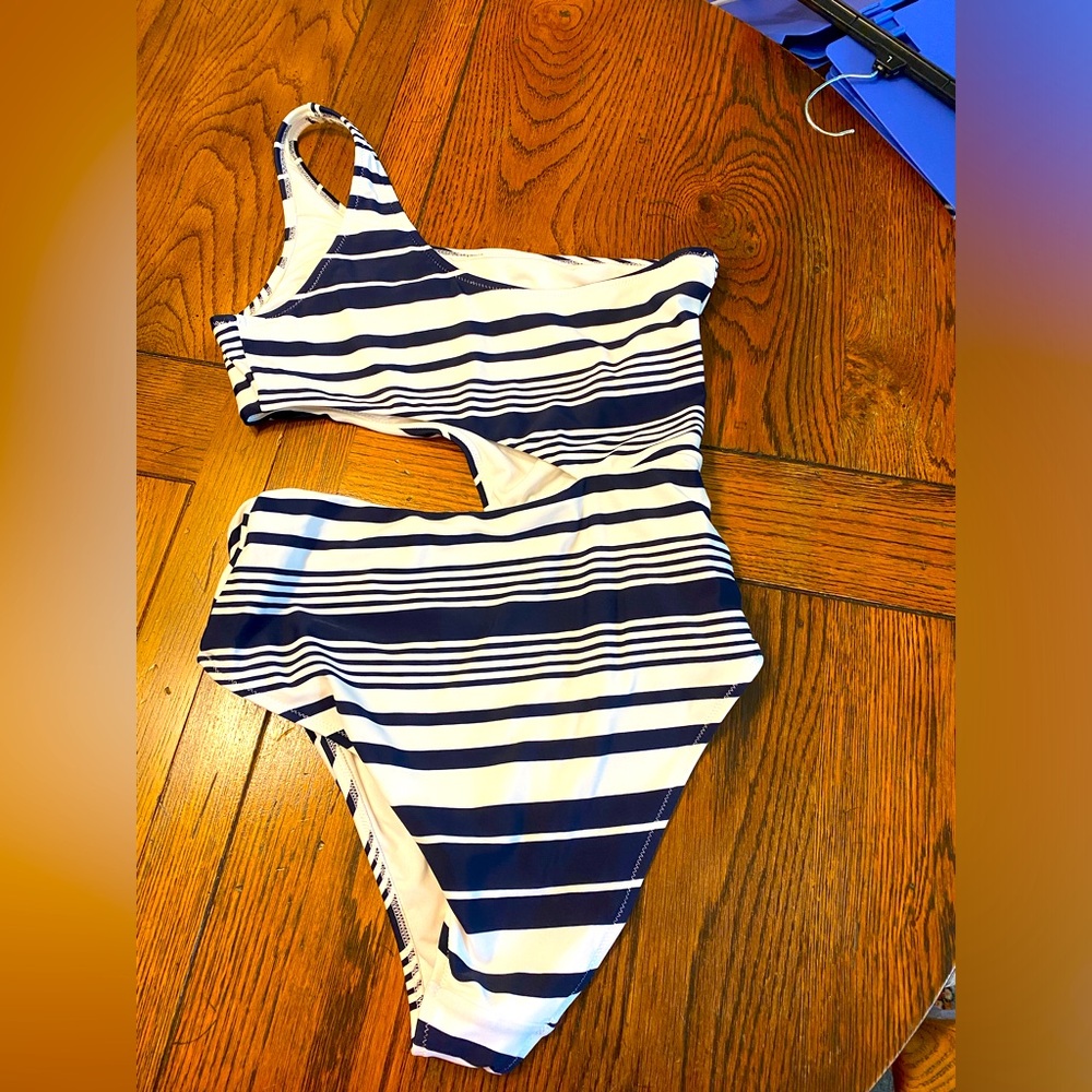 Navy and white bathing suit.